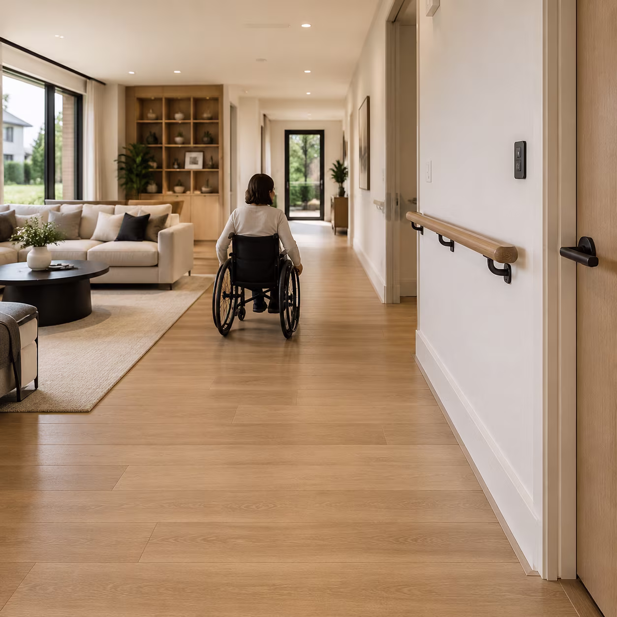 Wheelchair user moving through a wide hallway with a support rail and accessible controls